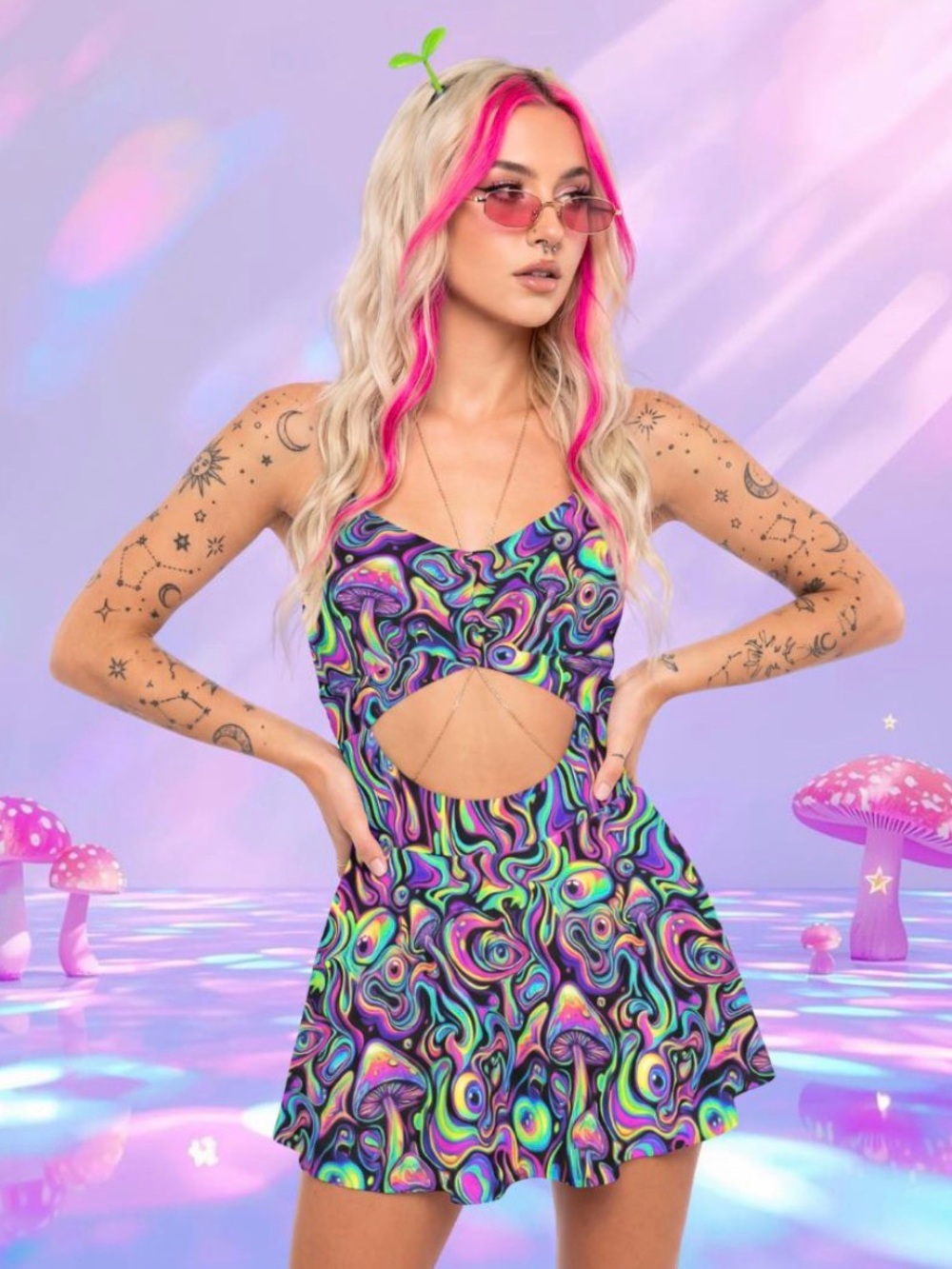 Neon Drip Rave Mini Dress: Trippy Mushroom EDM Festival Outfit